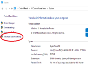 Zatim kliknite na sistem i na Advanced Sistem Settings