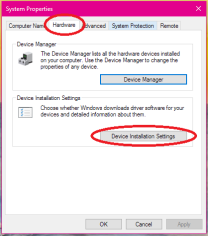 Kliknite na Hardware tab i na  Device Installation Settings